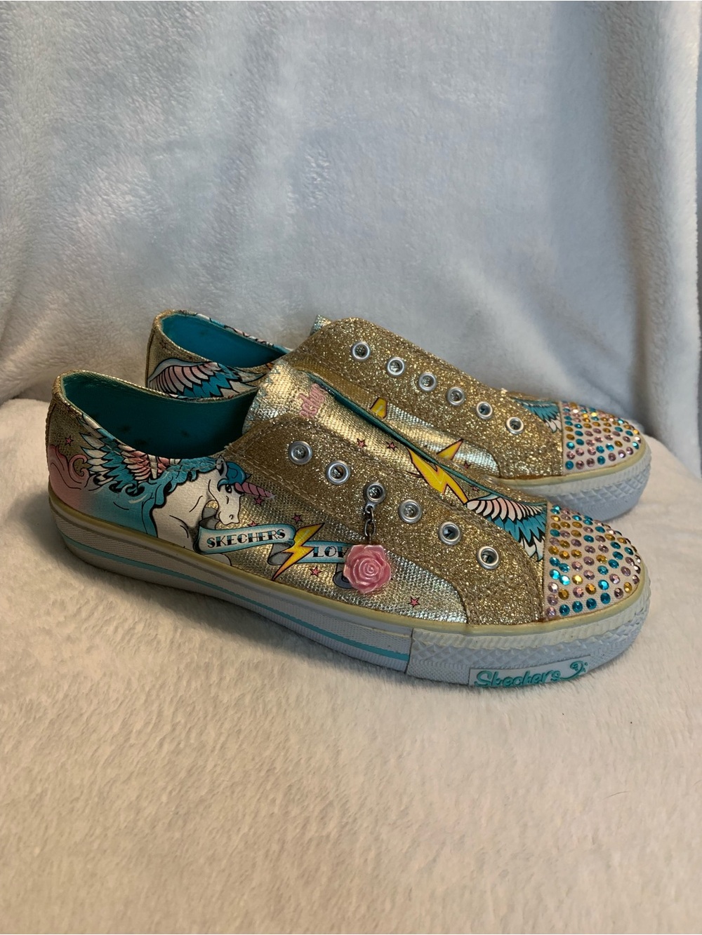 Skechers Ed Hardy Gold Studded Slip-On No Lace Women's Sneakers Sz 5   (S729)